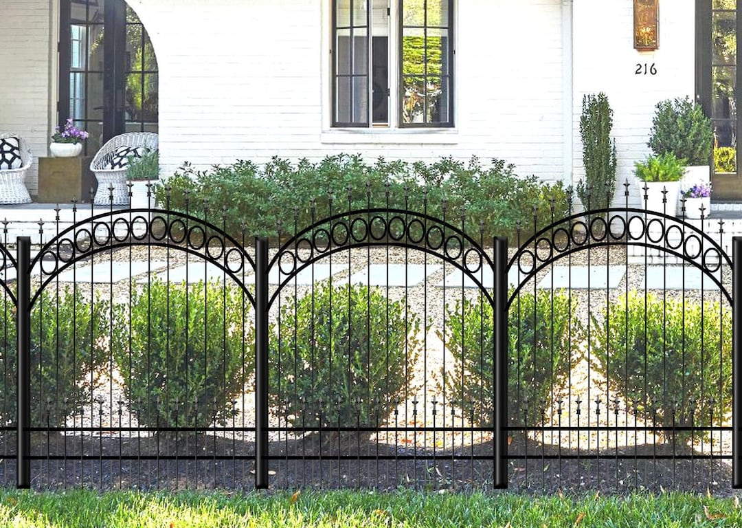 Arched Wrought Iron Fence Panels With SOLID PICKETS, Rings and 18 Tall