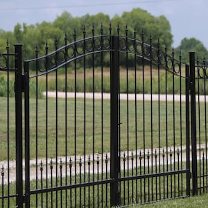 Arched Driveway Gate with Spearhead Tops, Rings or Scrolls, & Sub-Pickets