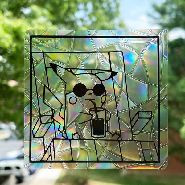 Suncatcher Pikachu Vacation | Stained Glass, Rainbow Maker, Window Decal, Suncatcher, Sticker, Reusable, 3 inch