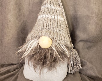 Handmade gray colored Gnome with a soft hand-knitted hat and a natural sheepskin beard. ID # LGGRAYA5