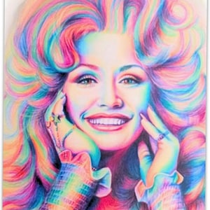 May include: A vibrant, multi-coloured portrait illustration of a smiling individual with voluminous, wavy hair. The artwork features a spectrum of bright hues including pink, blue, yellow, and orange, applied with visible pencil-like strokes.