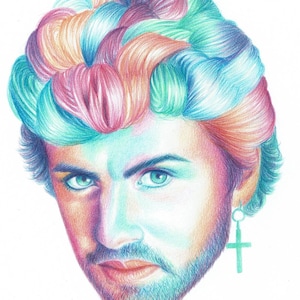 George Michael, regalo per la festa del papà, ritratto originale arcobaleno, stampa artistica. Formato A4/A3, compleanno della mamma, pacco regalo per amici, musica anni '80.