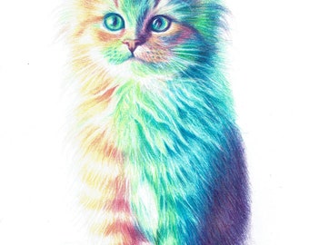 Kitten card. Cat card. Rainbow cat card. Rainbow bridge card. Rainbow bridge cat card. Cat gift. Colourful cat art. Cat print. Nursery print