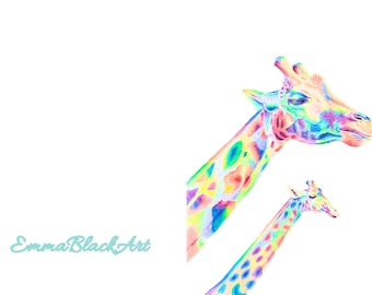 Giraffe card. Raimcard. Rainbow giraffe card. Rainbow art. Colourful animal card. Giraffe gift. Colourful card. Giraffe print. Animal art.