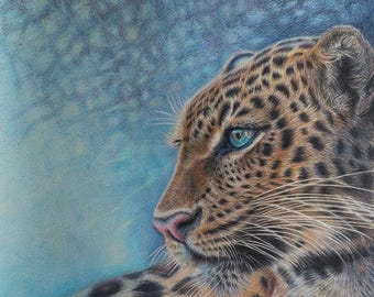 Leopard original art print..wildlife art print. Colourful Wildlife art. Colourful art. Christmas gift. Animal art. Big cat art. Turquoise
