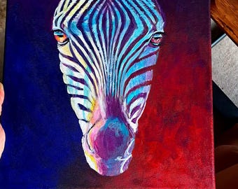 ゼブラ - オリジナルアクリルキャンバス絵画 レインボーゼブラアート。キャンバスに描いたアクリル画。カラフルな