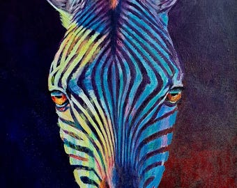 Rainbow Zebra Art. Acrylic On Canvas. Colourful Painting. Zebra art .Wildlife Art.  Unique art.  Colourful animal art. Colourful wildlife ar