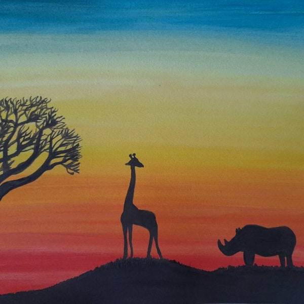 African sunset painting watercolour. giraffe, Rhino,  silhouette, colourful Wall Decor, bright interiors, rainbow, nature, animal art. Mum