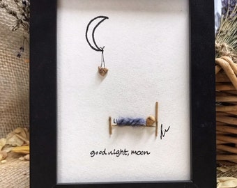 Original Pebble Art, "Goodnight Moon", Nursery Wall Art, Pressed Flower Art, thoughtful children's gift