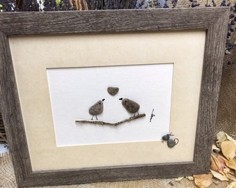 Pebble Art, "Voyeur", Boho Art, thoughtful gift, pebble cat and birds