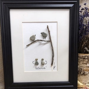 Pebble Art: &quot;Patience&quot; - Cats and Birds Whimsical Gift