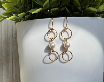 Gold Drop Circle Pearl Handmade Earrings