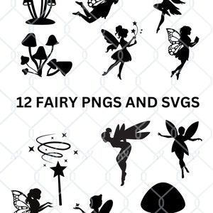 Pode incluir: Um conjunto de 12 ilustrações de silhuetas de fadas e cogumelos em preto e branco. As fadas são representadas com asas, varinhas e vestidos fluidos. Os cogumelos são mostrados com chapéus arredondados e caules. As ilustrações são perfeitas para artesanato, scrapbooking ou design digital.