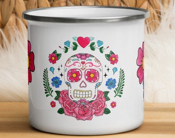 Skull Enamel Mug, Día de Muertos, 12 oz Enamelled Mug, Flowers, Mug Gift Metal Mug, Camping, Picnics