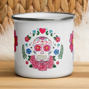 Skull Enamel Mug, Día de Muertos, 12 oz Enamelled Mug, Flowers, Mug Gift Metal Mug, Camping, Picnics