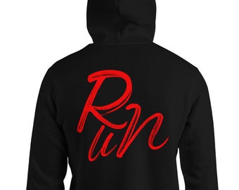 RUN !  Black Hoodie, Men or Women, Exercise, Fitness. Running, Jogging. Double Lined Hood, Double Stitched