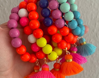 Armband Neon Holz Perlenarmband Tassel Boho Hippie Pink Holzperlen