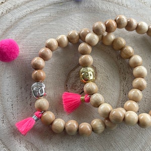 Buddha Band Bracelet Hematite Wood Beaded Bracelet Tassel Boho Bracelet Pink Wooden Beads