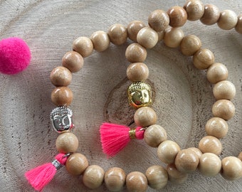 Buddha Band Bracelet Hematite Wood Beaded Bracelet Tassel Boho Bracelet Pink Wooden Beads
