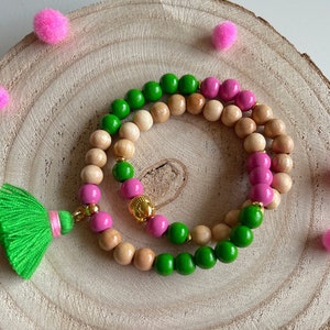 Buddha Bead Bracelet Wrap Bracelet with Tassel Bracelet Wooden Beads Bead Bracelet Neon Tassel Buddha