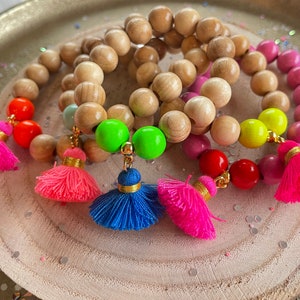 Bracelet Wood Bead Bracelet Tassel Boho Bracelet Pink wooden beads