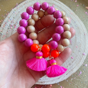 Bracelet Wood Beaded Bracelet Tassel Boho Bracelet Pink Wooden Beads