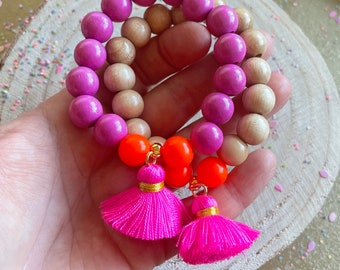 Bracelet Wood Beaded Bracelet Tassel Boho Bracelet Pink Wooden Beads