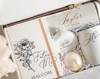 Gold Foil Bridal Gift Box – Personalized Bride Tumbler, Flask & Makeup Bag