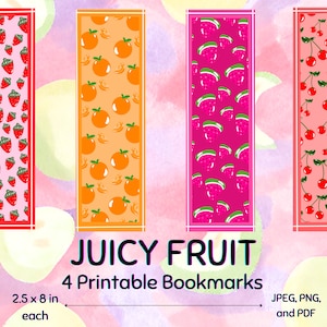 Marcadores imprimibles Fruta jugosa / Cereza / Fresa / Naranja / Sandía PNG/JPEG/PDF / Marcadores lindos / Regalo para amantes de los libros