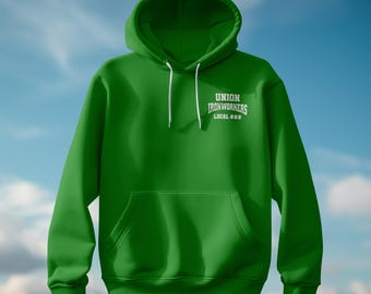 May include: A bright green hooded sweatshirt with a front pocket and white drawstring. The text "UNION IRONWORKERS LOCAL ###" is printed in white on the upper chest. The background is a gradient of blue and white.