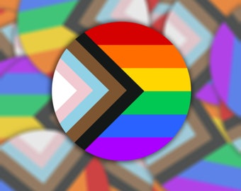 LGBTQ + Fortschritt Pride Flaggen-Aufkleber oder Magnet | Regenbogen Stolz Flagge Aufkleber oder Magnet | Runder Aufkleber | Runder Magnet