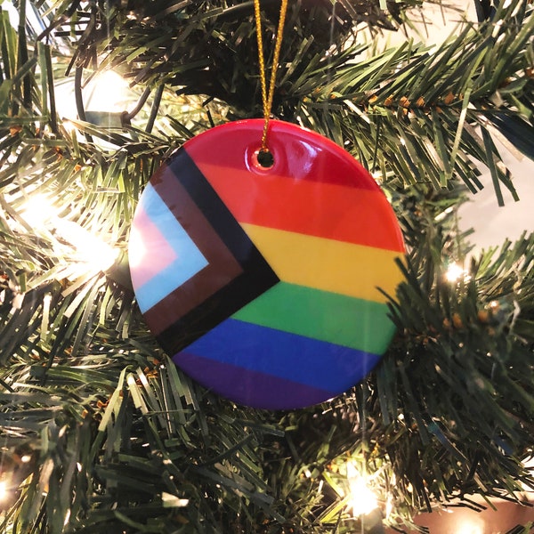 Progress Pride Flag Holiday Ornament | LGBTQ Inclusive Christmas Tree | Lesbian Gay Bisexual Transgender Queer | Sublimation | Ceramic Gift