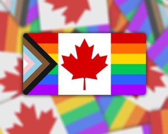 Kanadische Pride Flagge Aufkleber oder Magnet - Gestanzter wasserdichter Vinylaufkleber oder Magnet | Ahornblatt Fortschritt Stolz Flagge | Regenbogenfahne | LGBTQ+
