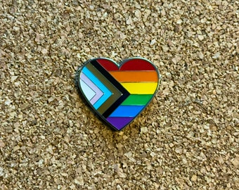 Progress Pride Flag Heart Pin | Enamel Lapel Pin Badge | LGBTQ | Equality | Rainbow Bisexual Lesbian Transgender Inclusive Pride Flag | Gift