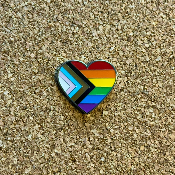 Progress Pride Flag Heart Pin | Enamel Lapel Pin Badge | LGBTQ | Equality | Rainbow Bisexual Lesbian Transgender Inclusive Pride Flag | Gift