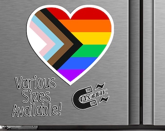 Progress Pride Flag Heart Magnet or Sticker - Waterproof Vinyl Sticker or Magnet | LGBTQ+ | Rainbow Pride Flag | Laptop Car Bumper Sticker