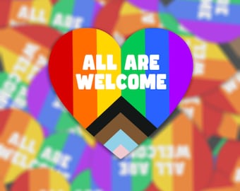 Todos son bienvenidos - Pegatina o imán de vinilo impermeable en forma de corazón / LGBTQ / Bandera del orgullo del progreso / Calcomanía de coche de ventana de decoración de negocios de la escuela en el hogar