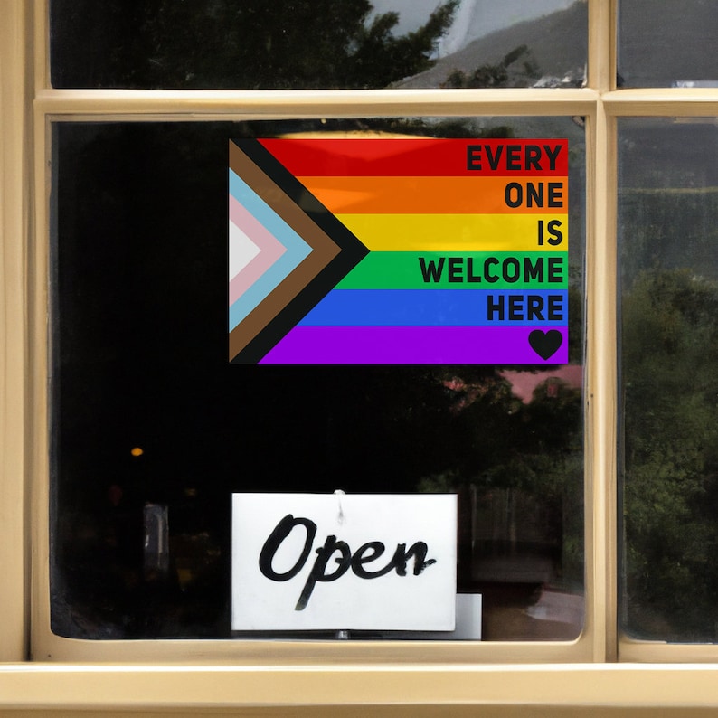 Iedereen is hier welkom Front zelfklevende vinylsticker Progress Pride Flag LGBTQ Inside Car Store Business Window Inclusief gelijkheidssticker Black