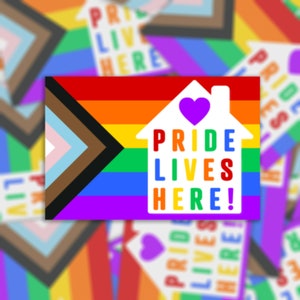 Pride Lives Here - Waterproof Vinyl Sticker or Fridge Magnet | LGBTQ | Progress Pride Flag | Bumper Sticker Car Window Decal | Home Decor