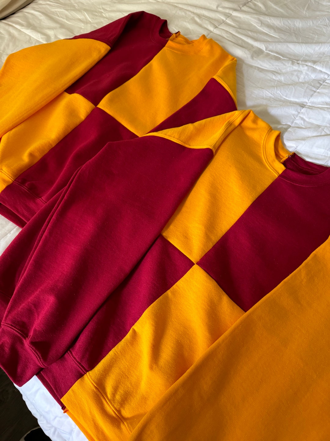 USC Inspired Sweaters: Matching Cardinal Red and Gold Patchwork ...