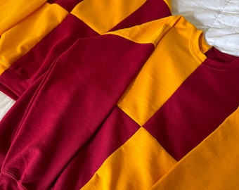 USC Inspired Sweaters: Matching Cardinal Red and Gold Patchwork Crewneck Set