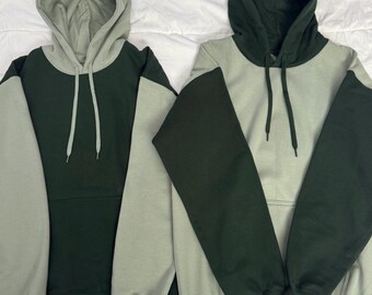 Set of 2 Matching Colorblock Couple Hoodies: Sage Green & Forest Green Sweaters