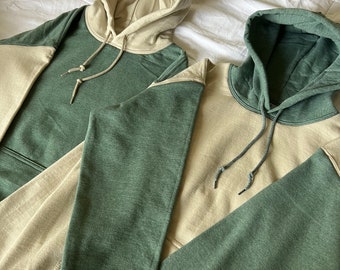 Set of 2 Matching Colorblock Couple Hoodies: Green & Sand Two-Tone Sweaters