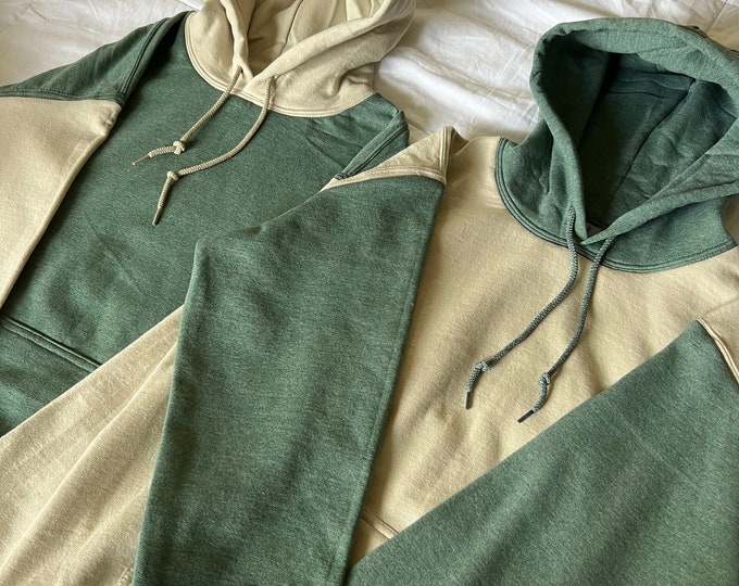 Set of 2 Matching Colorblock Couple Hoodies: Green & Sand Two-tone ...