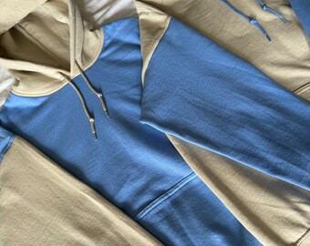 Matching Colorblock Hoodies: Carolina Blue & Sand Sweaters