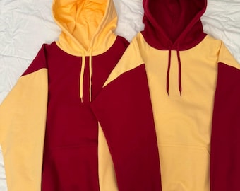 Colorblock Couple Hoodies: Cardinal Red & Yellow Haze Sweaters (Set of 2)