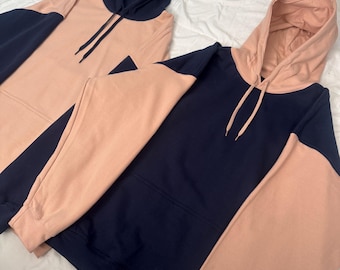 Colorblock Couple Hoodies: Navy + Dusty Rose Matching Sweaters