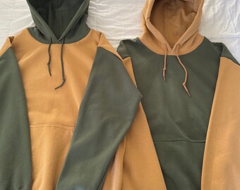 Matching Colorblock Hoodies: Old Gold & Military Green Sweaters