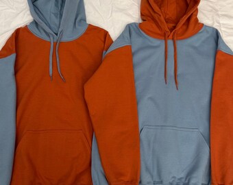 Set of 2 Matching Colorblock Hoodies: Texas Orange & Stone Blue Couple Sweaters