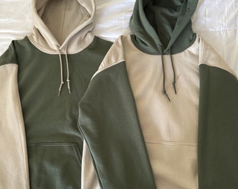 Set of 2 Matching Colorblock Couple Hoodies, Military Green & Sand Sweaters